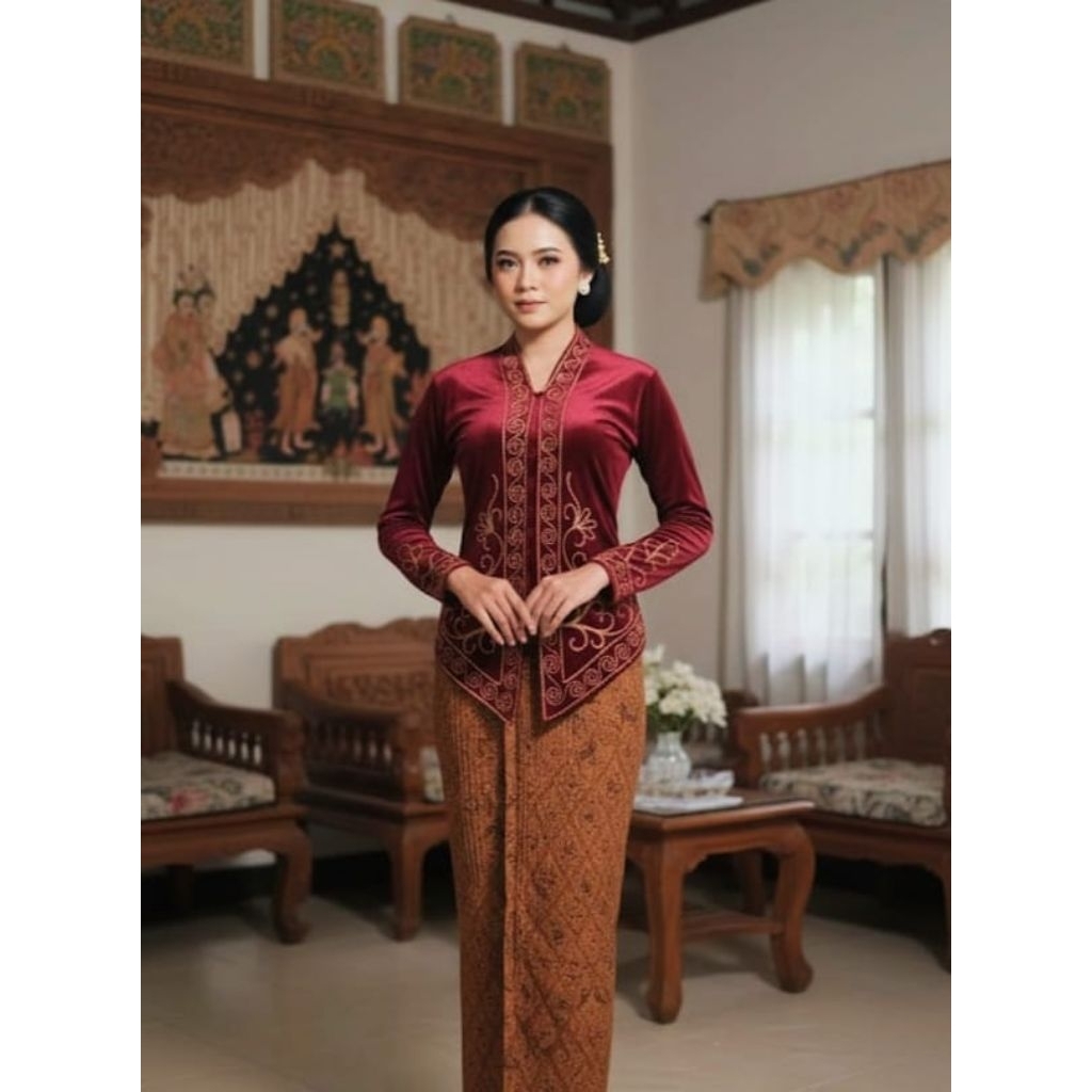 Atasan Kebaya Beludru Bordir Kartini Lengan Panjang Modern