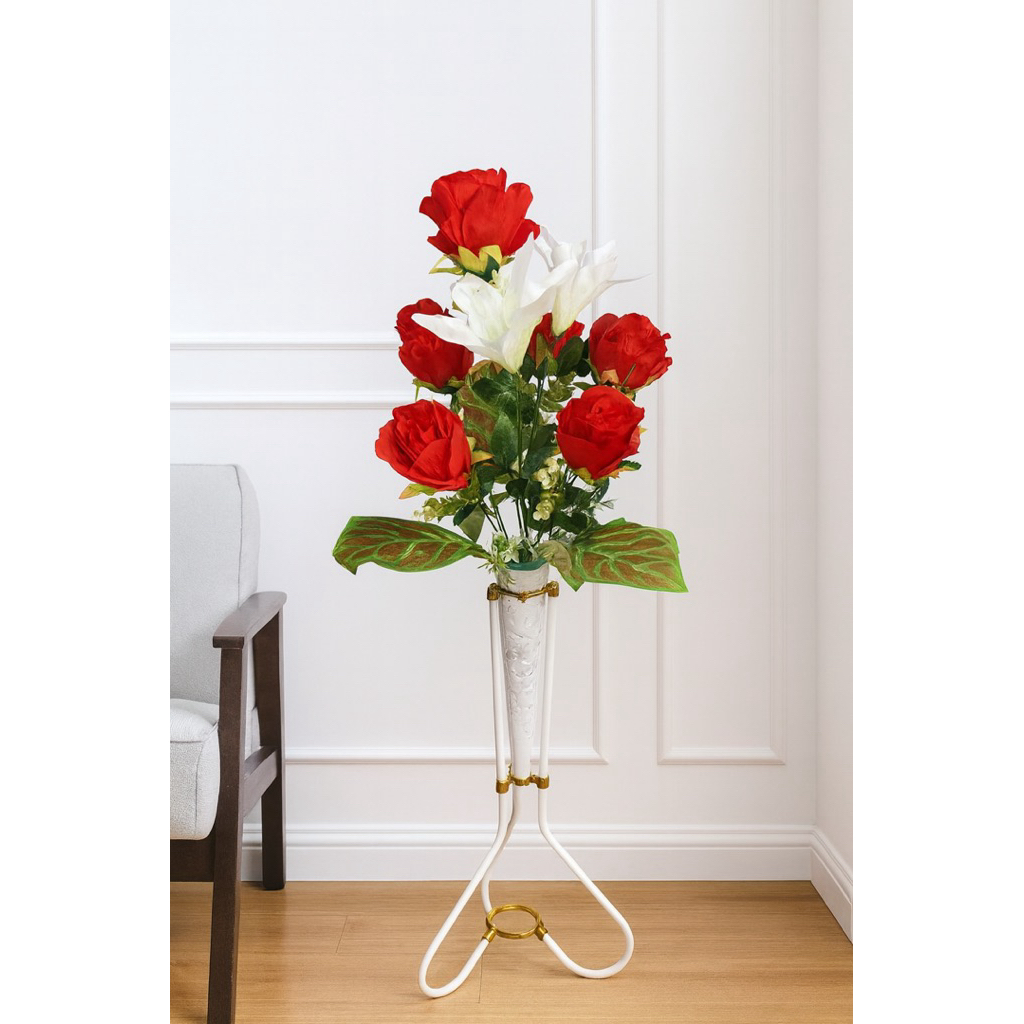 Bunga Mawar Jumbo Lili Mix Amarilis Artificial Premium Mawar berikut dengan pot dan standing besi bu