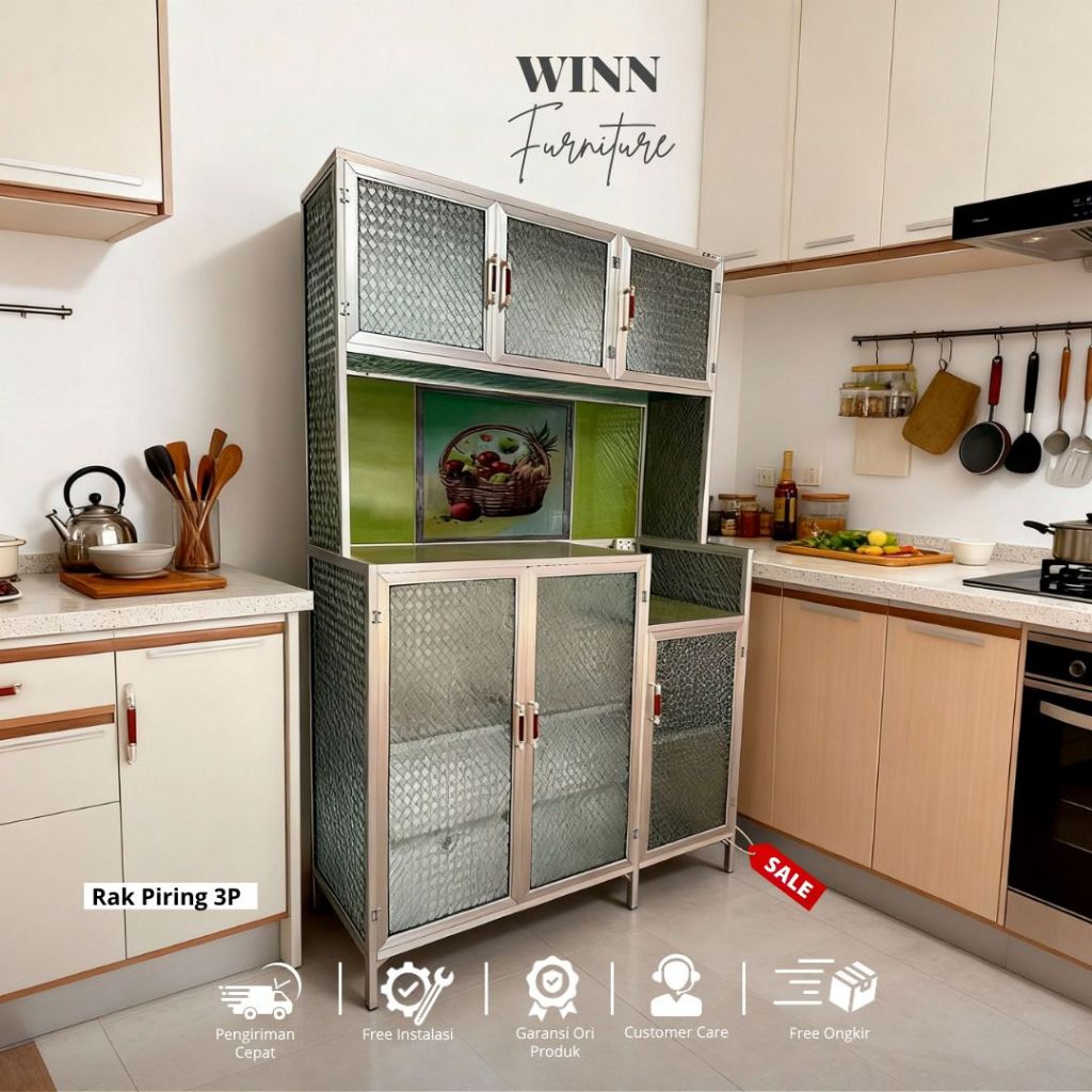 Rak Piring Aluminium 3 Pintu Full Kaca Riben | Winn Furniture