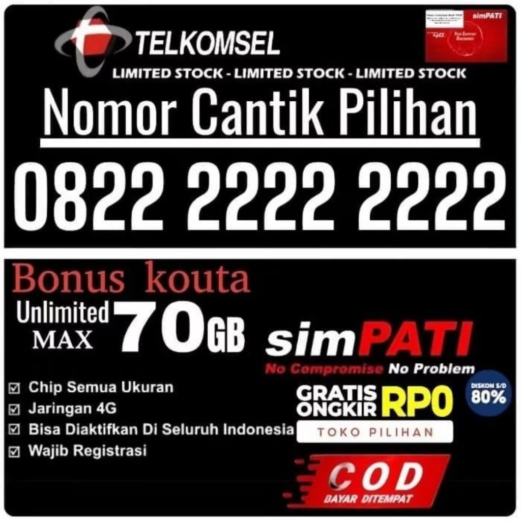 Telkomsel 12 Digit Nomor Cantik Spesial Free Kuota 70GB Jaringan 4G/5G LTE