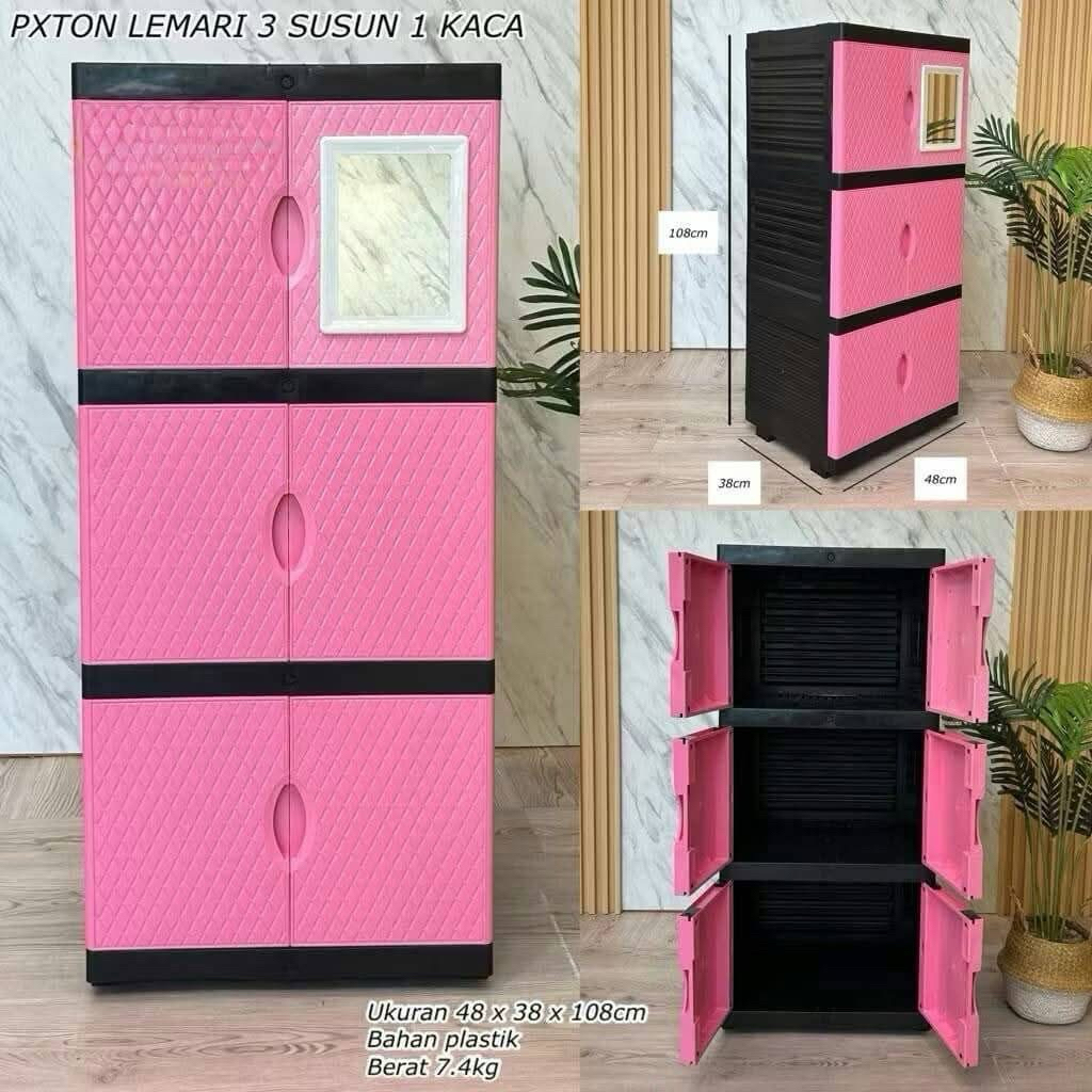 Pxton Lemari 3 Susun 2 Pintu Kaca / Lemari Plastik 3 Susun / Lemari Pakaian 3 Susun