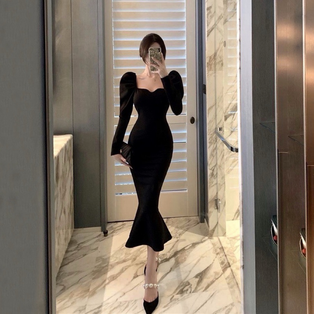 BEISY DRESS - Dress pesta wanita Bodycon dress party square neck dress puff sleeves midi press body 