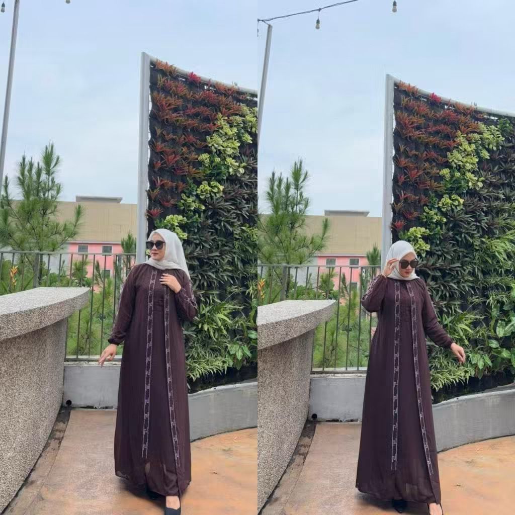 Alya Dress Spesial 2026 Gamis Import Busui Dua Layer Full Puring Bahan Ceruty Babydoll Mix Swarovski