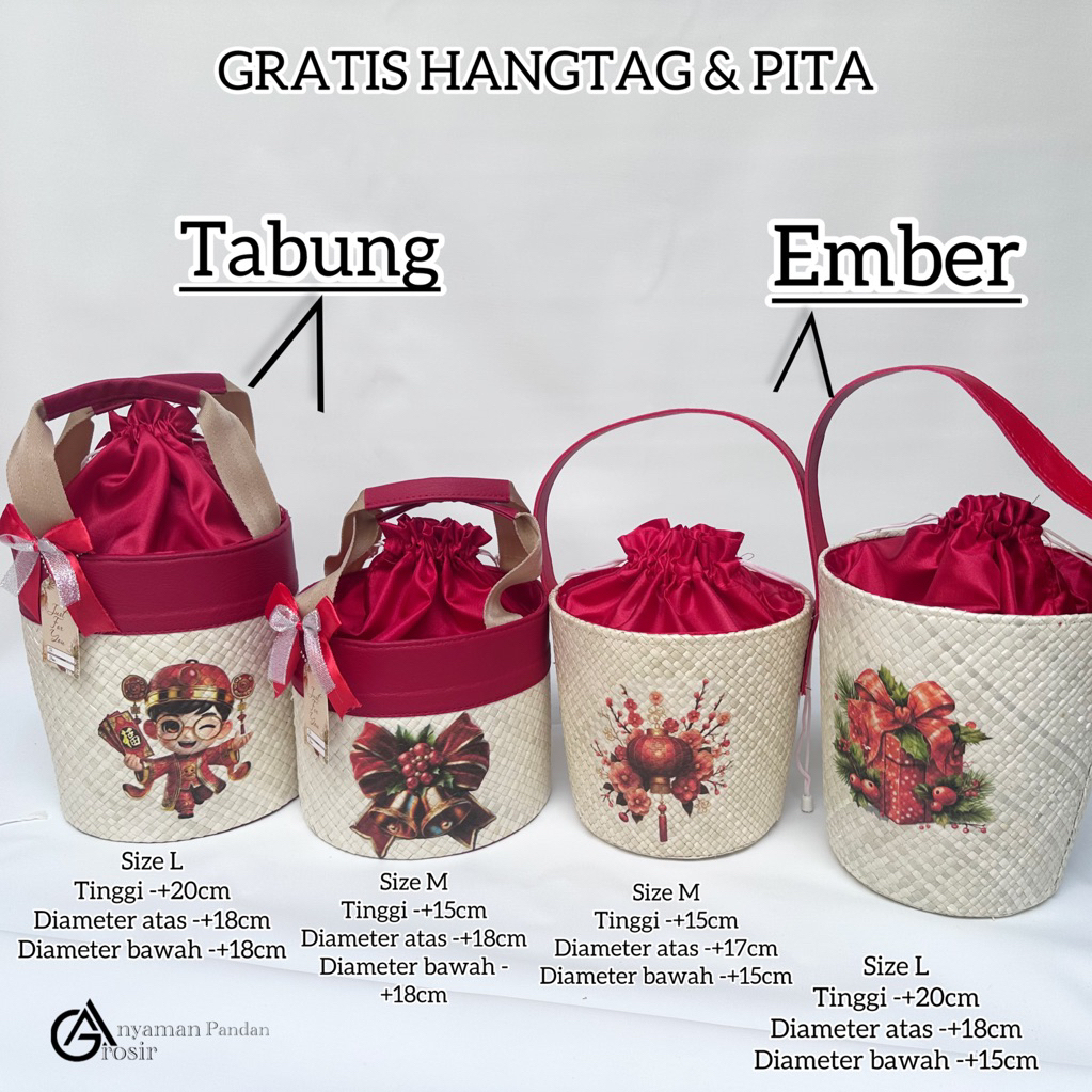 Tas Hampers PANDAN PUTIH KAIN MERAH DECOUPAGE GRATIS HANGTAG DAN PITA tas parcel goodiebag natal iml
