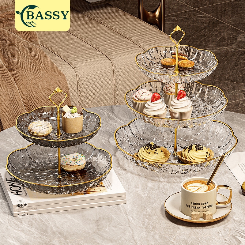 BASSY Piring Kue Tingkat Piring Hiasan Buah Meja Piring Keramik Double Layer Dessert Cake HPLE11