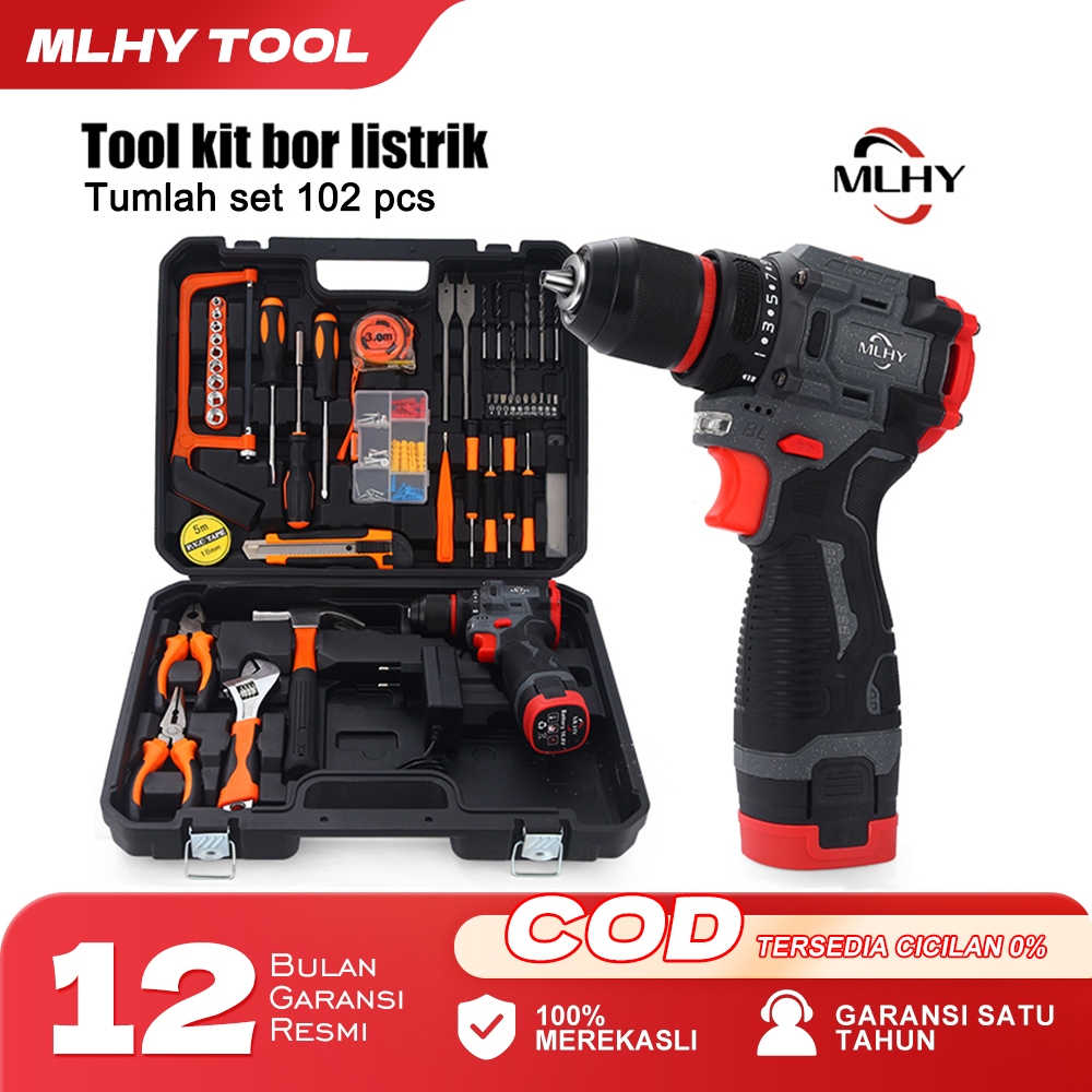 MLHY 102 PCS Bor Listrik Cordless bor listrik Satu Set Alat Perkakas  Tang Obeng Palu Kunci Pas