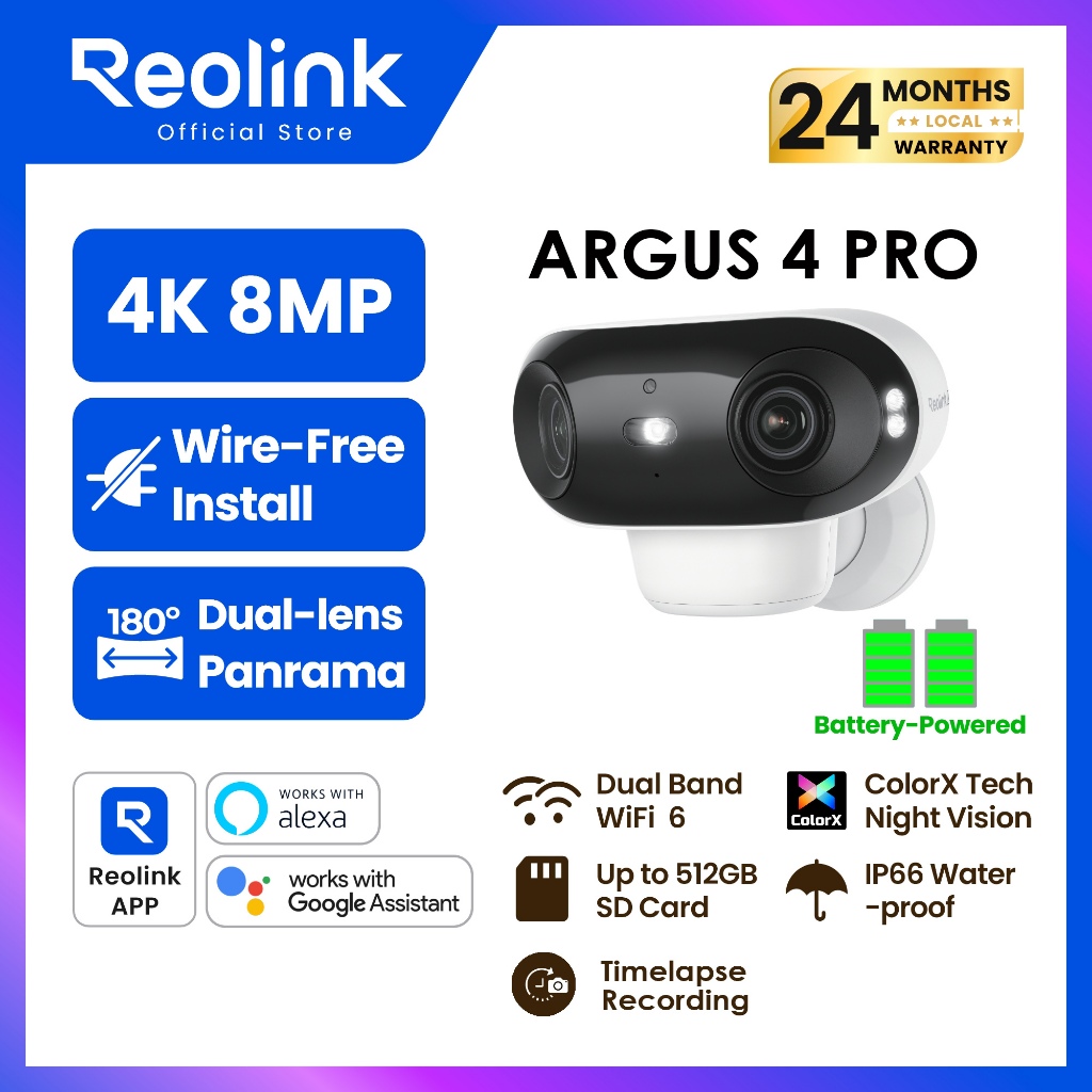 REOLINK Argus 4 Pro 4K 8MP 180° Dual Lens Panorama Battery Security Camera Dual Band WiFi 6 Night Vi