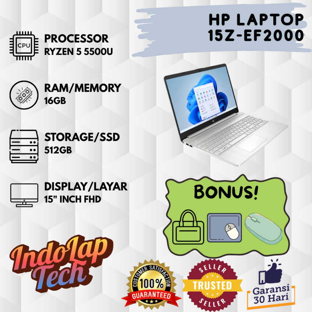 HP Laptop 15z-ef2000 AMD Ryzen 5 5500U Layar 15 Inch FHD RAM 16GB SSD 512GB