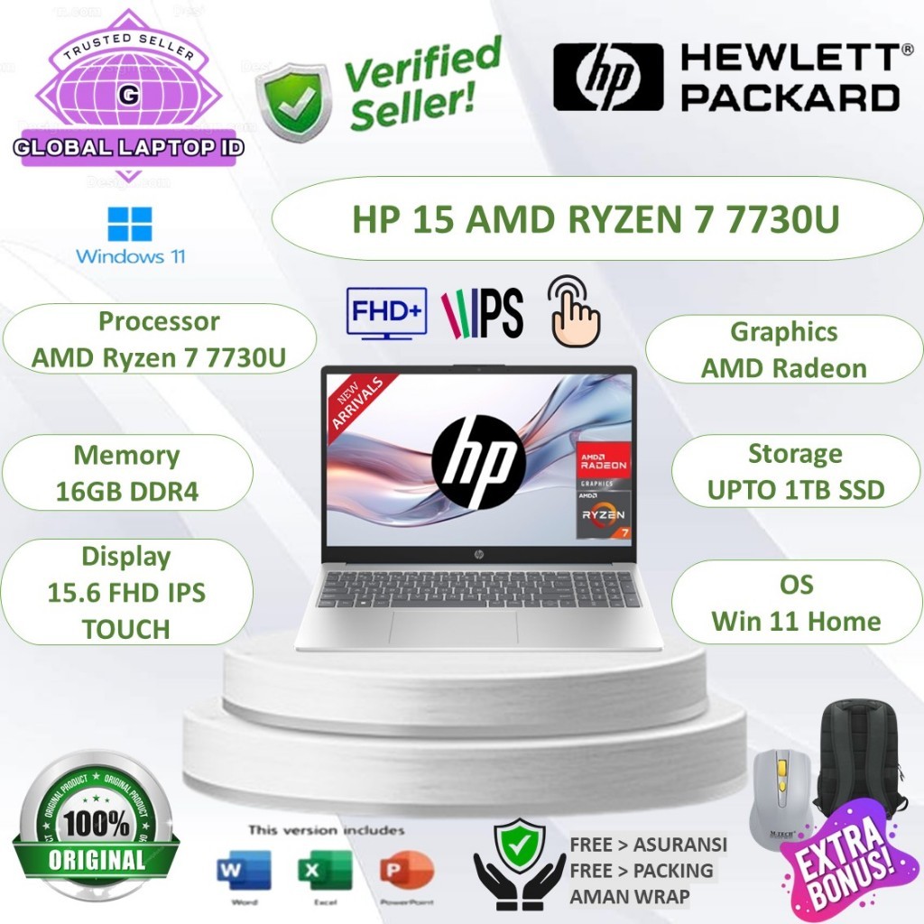 Baru Laptop Desain Touchscreen HP 15 AMD Ryzen 7 7730U 2023 RAM 16GB SSD 1TB FHD IPS Windows 11 Orig