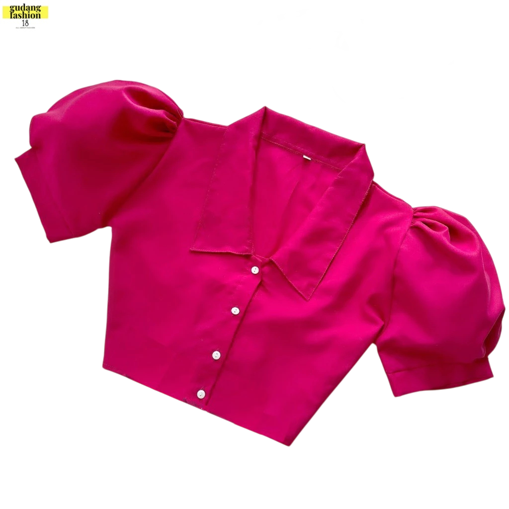 GF18 - Atasan Kemeja Puffy Balon Pinggang Karet Blouse Crop Top Baju Lengan Pendek Motif Printing Po