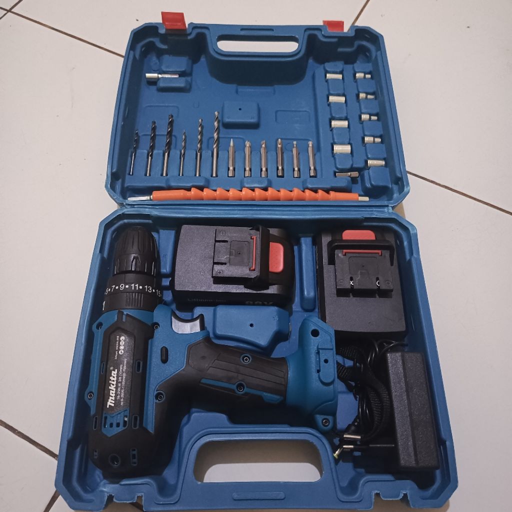 Makita Mesin Bor 2 Baterai Cas 10mm Bor Listrik Murah Bor Tangan Baterai Besi Tembok Beton
