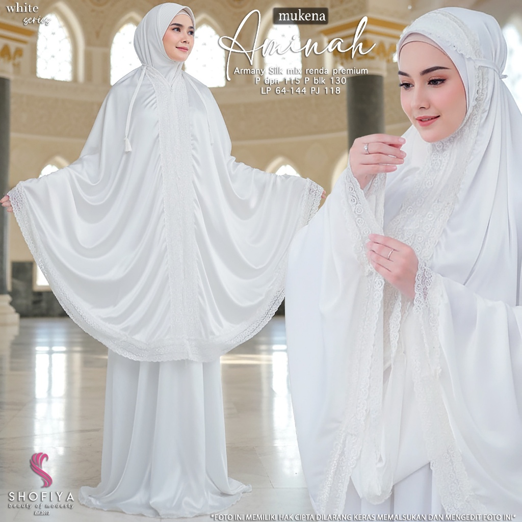 SHOFIYA OFFICIAL STORE AMINAH MUKENA WANITA DEWASA HITAM PUTIH POLOS ARMANY SILK MIX RENDA