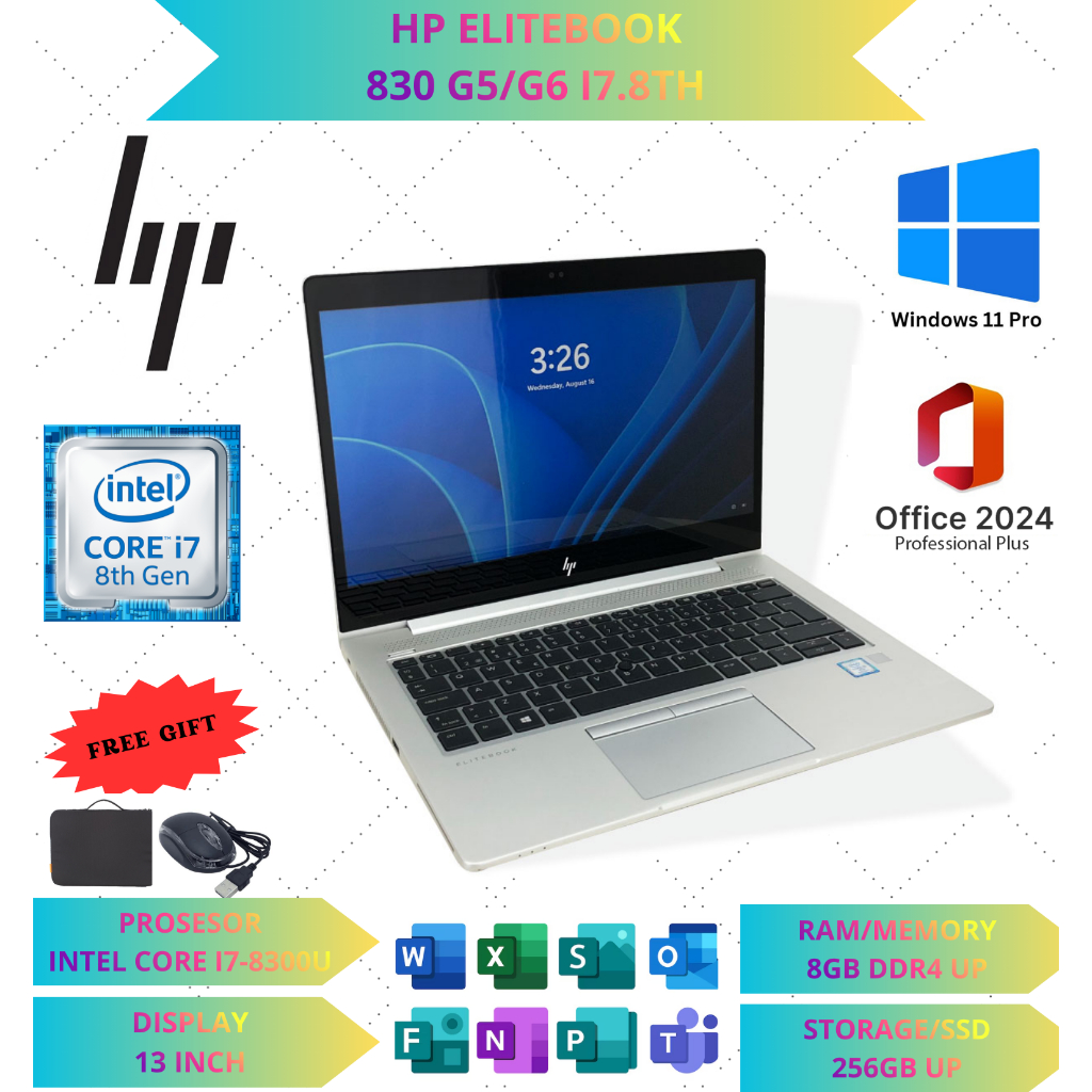 LAPTOP HP ELITEBOOK 830 G5/G6 CORE I7 GEN 8 RAM 16GB/256SSD WINDOWS 10 PRO FULLSET