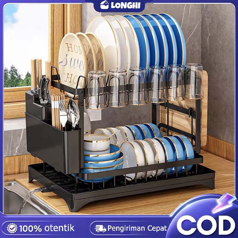 LONGHI Rak Piring Stainless Steel 2 Tingkat Anti Karat Ganda Lapisan Dapur Rak Piring Dengan Piring 