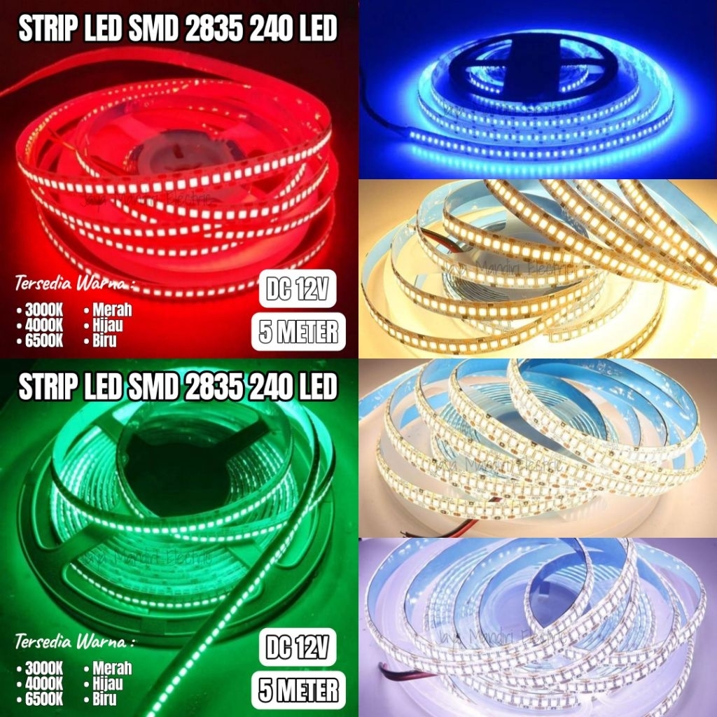 LAMPU LED STRIP 2835 SMD 240 LED DC 12V 5 M METER 3000K 4000K 6500K MERAH HIJAU BIRU / STRIP LED STR