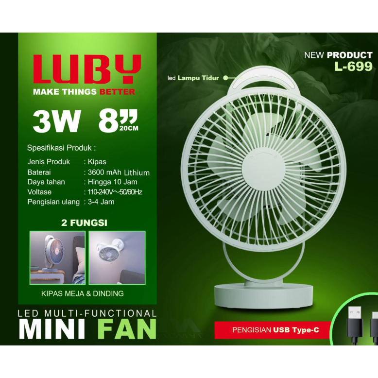 LUBY L-699 Kipas Angin Meja 8Inch 3 Kecepatan Mini Fan LED Multi-Functional AC/DC