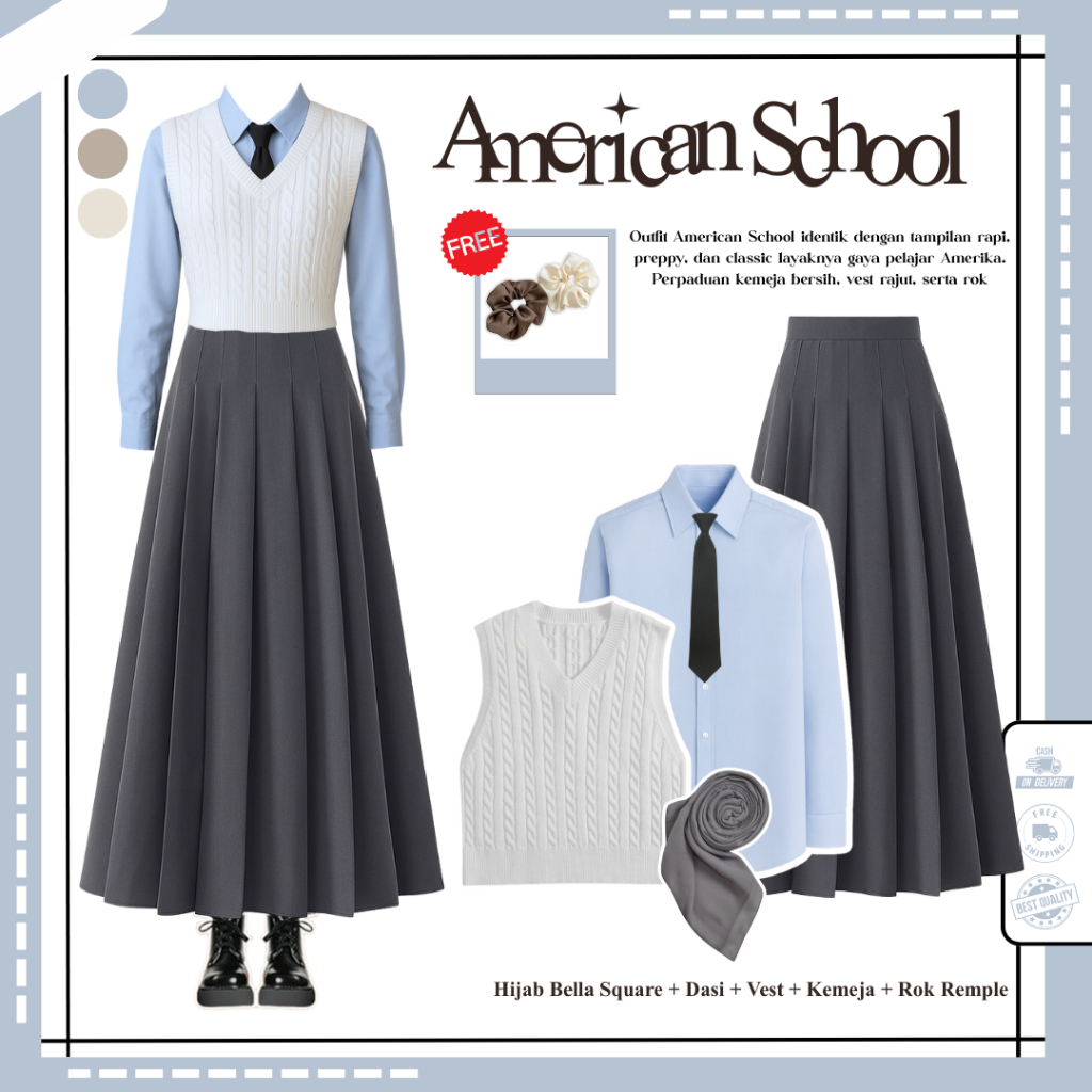 American School Outfit ( Hijab + Vest Rajut + Rok Rempel ) Outfit Yearbook | Outfit American School 