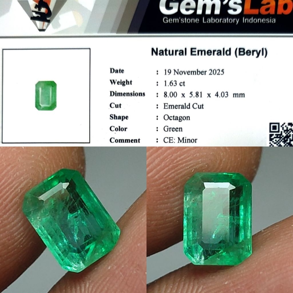 HQ ITEM Natural Emerald Minor Zamrud Minor 1.6ct GLI Top Crystall Full Luster Nice Color Body Kaca M
