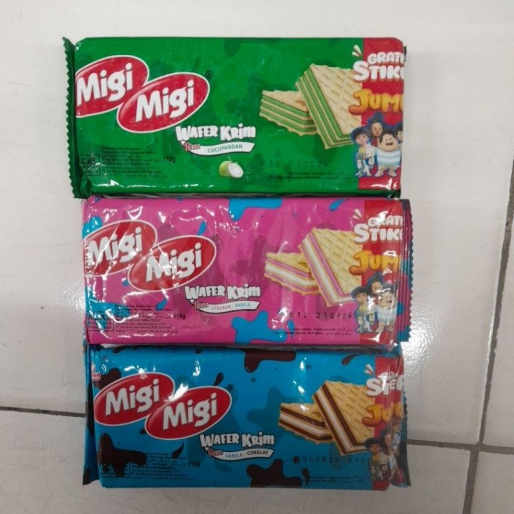 Migi Migi wafer biskuit rasa Stoberi Vanila / Coklat Vanila / Cocopandan 115gr