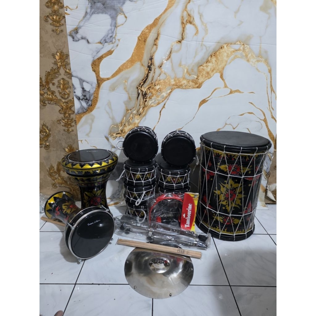 Satu Set Alat Musik Marawis Batik Kulit Hitam Full Set