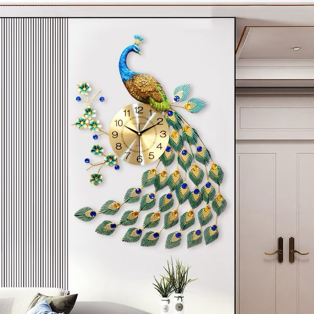 TAFFWARE Jam Merak Aesthetic 100cm jam dinding Merak jumbo hiasan dinding mewah