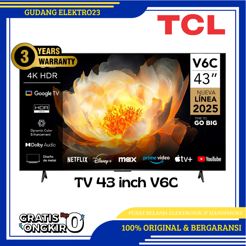 TCL AI 4K Google TV 43 inch V6C - MEMC - HDR 10 - HVA Panel - Dolby Audio - Google Play/Netflix/Yout