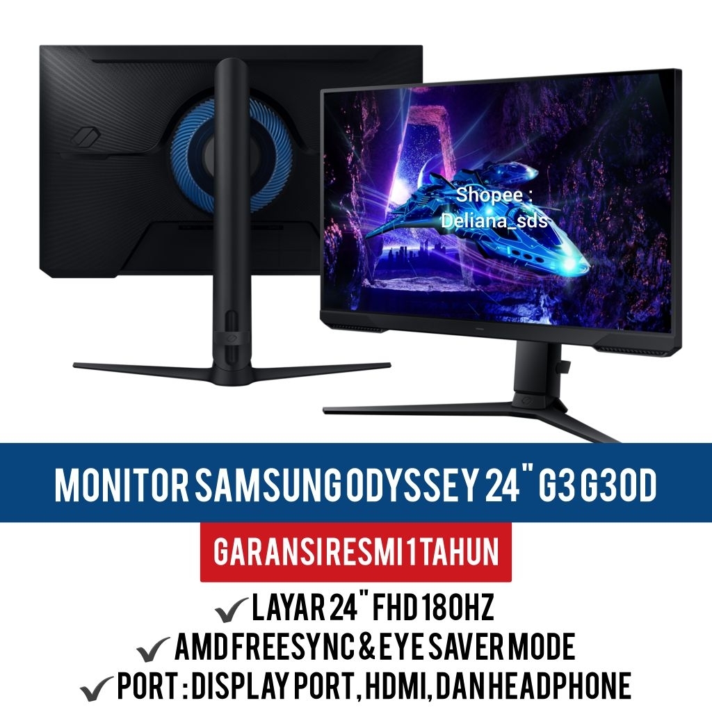 Monitor Gaming Samsung 24" FHD 180Hz Garansi Resmi 1 Tahun Monitor Gaming Samsung Odyssey 24" G3 G30