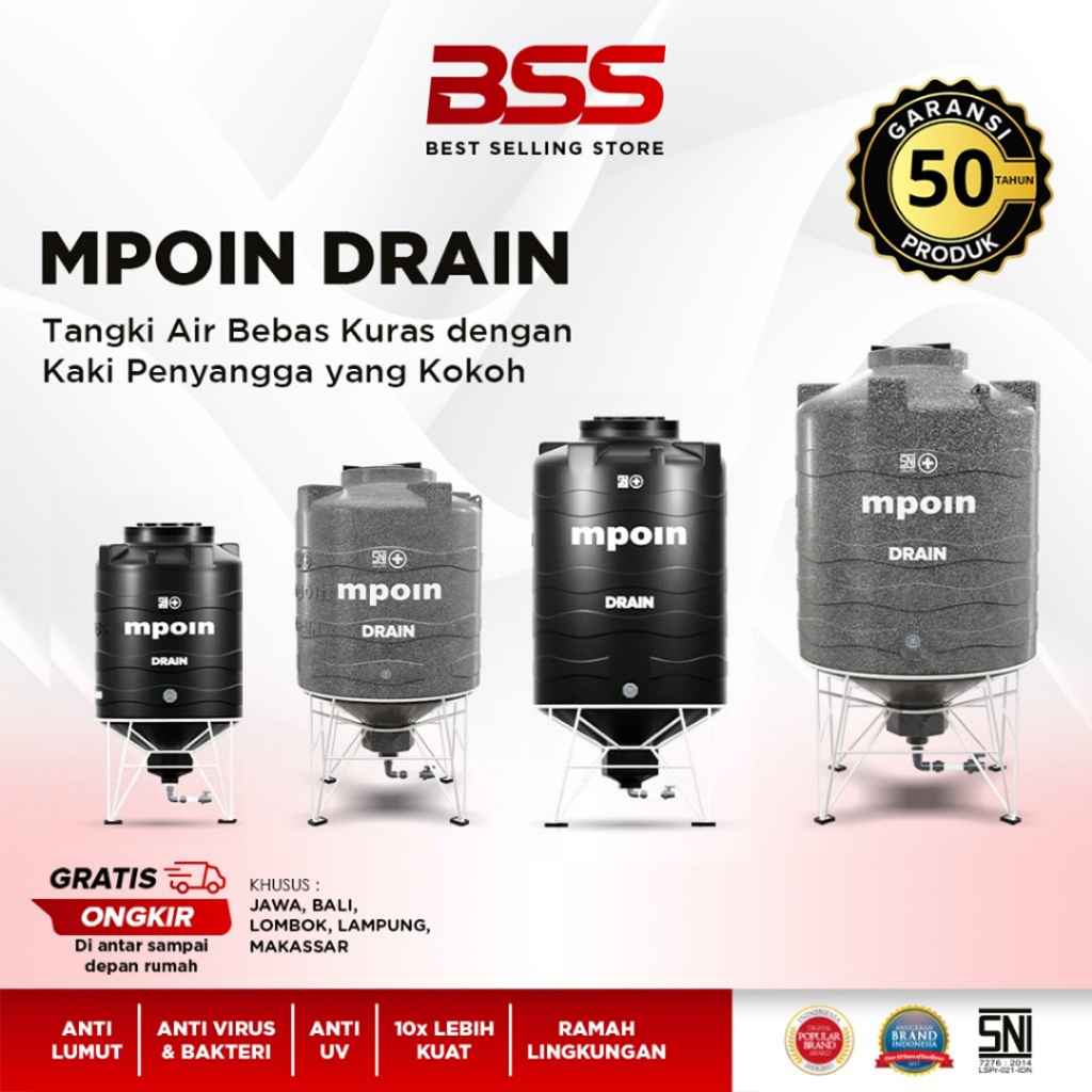 Tandon Toren Tangki Air MPOIN DRAIN 400-2000 (350-2000 liter) Bebas Kuras Garansi 50th Anti Lumut