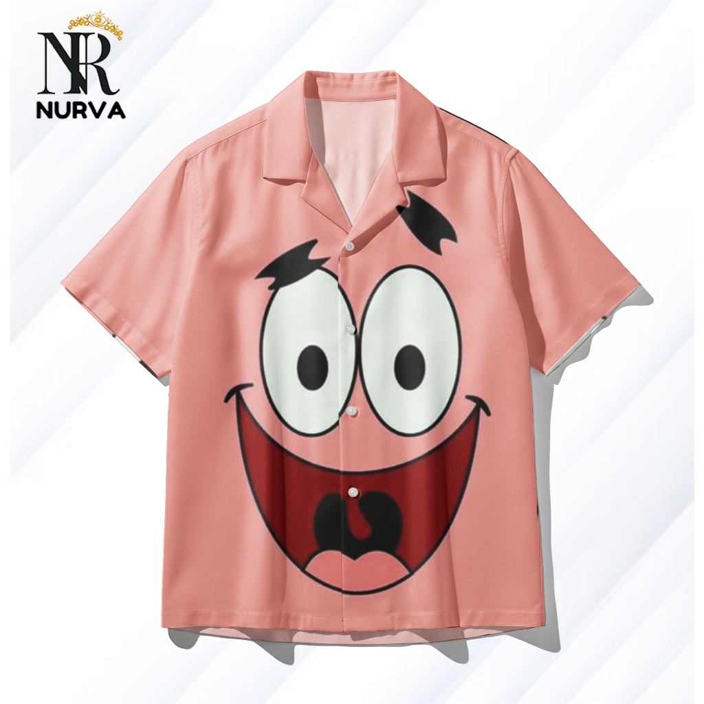 NURVA Kemeja Full Print Pria Wanita Motif Patrick Star Kartun Pink – Kemeja Hawai Casual Pop Culture