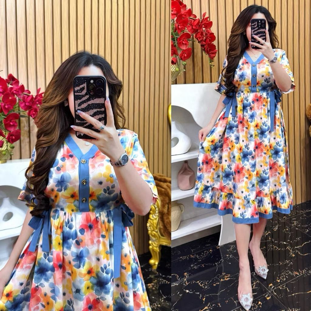 DRESS  CELINE ARA RAYON LD 110CM BUSUI FRIENDLY // MIDI DRESS RAYON MOTIF // DASTER RAYON KEKINIAN V