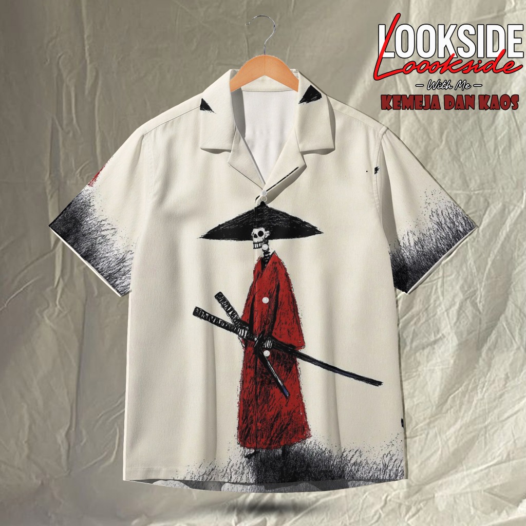 LOOKSIDE Kemeja Pria Samurai Tengkorak – Baju Japanese Style Motif Skull Katana | LOK201