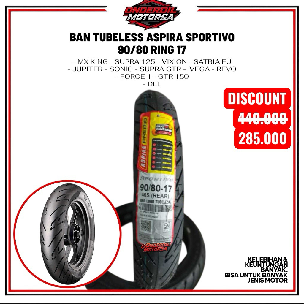 Aspira Premio Sportivo 90/80-17 R Tubeless Ban MX KING SUPRA 125 VIXION GTR FU DLL ORI ORIGINAL BARU