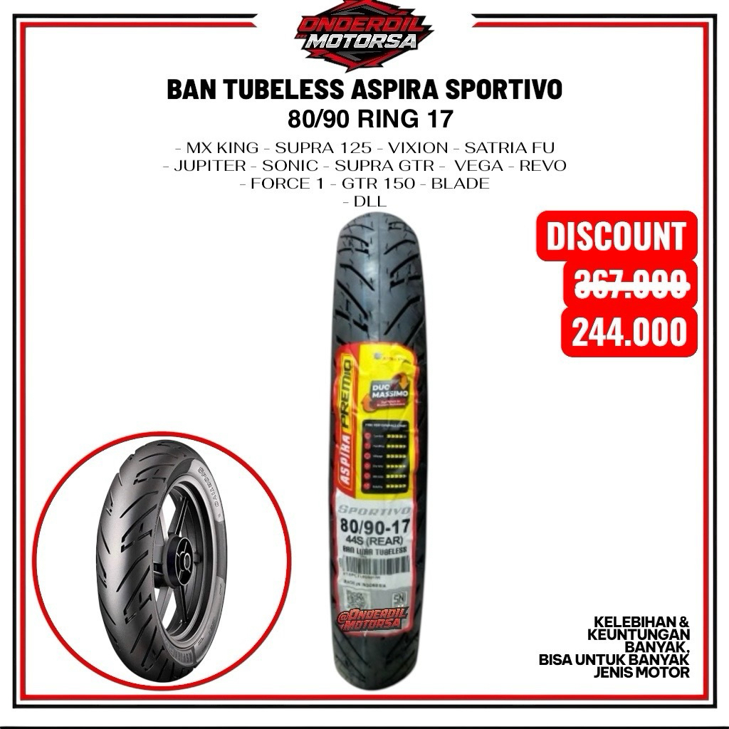 Aspira Premio Sportivo 80/90-17 RING 17 R Tubeless Ban MX KING SUPRA 125 VIXION SATRIA FU JUP F1 FIZ