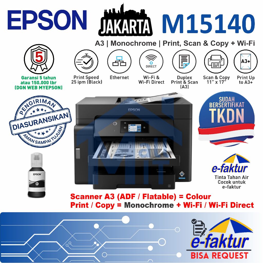 MALLIT EPSON Printer Epson M15140 Epson M-15140 M 15140 A3 Wifi Duplex Monochrome Resmi Jakarta