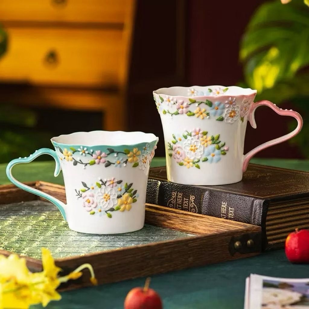 Cangkir Pink Bunga Mug Putih Ceramic Cangkir Keramik Pink Hijau Green Cangkir Lucu