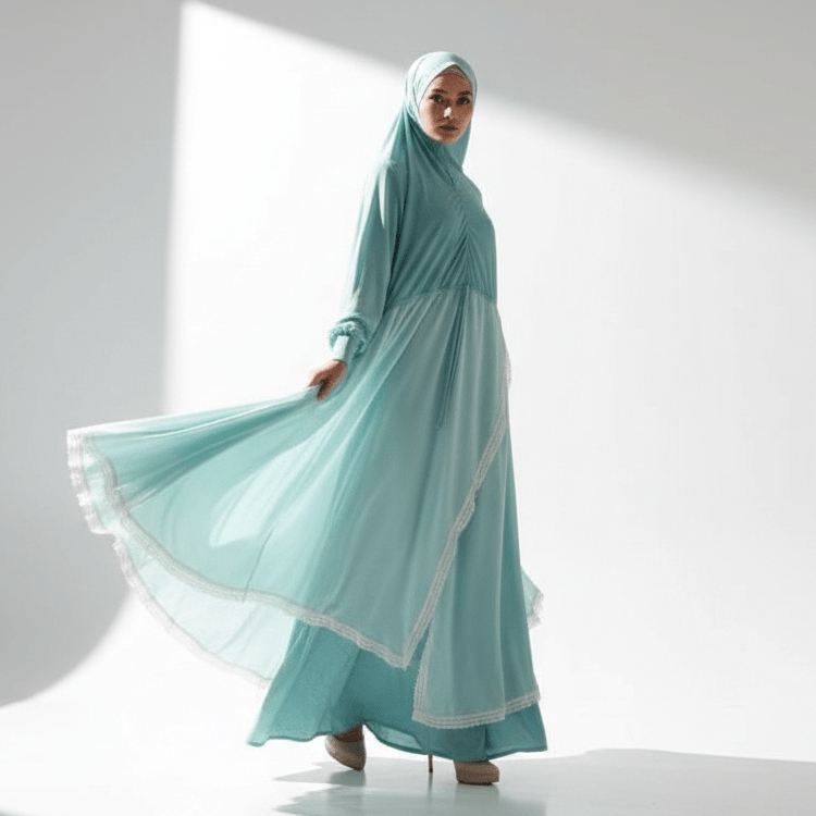 Gamis Naya Syar'i by Ummimi Ranee Brugman Mint + Khimar 2 Layer Renda | Jersey Ceruty Busui Friendly