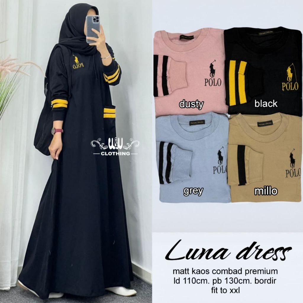 Gamis Wanita Simple Kekinian Luna Dress By W&W CLOTHING Kaos Combad Premium Sporty Harian Santai