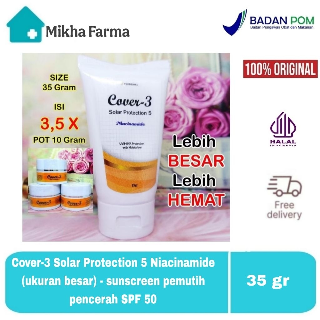 Cover 3 Solar Protection 5 Niacinamide 35 gr (tube) - sunscreen pencerah pemutih pelembab - krim tab