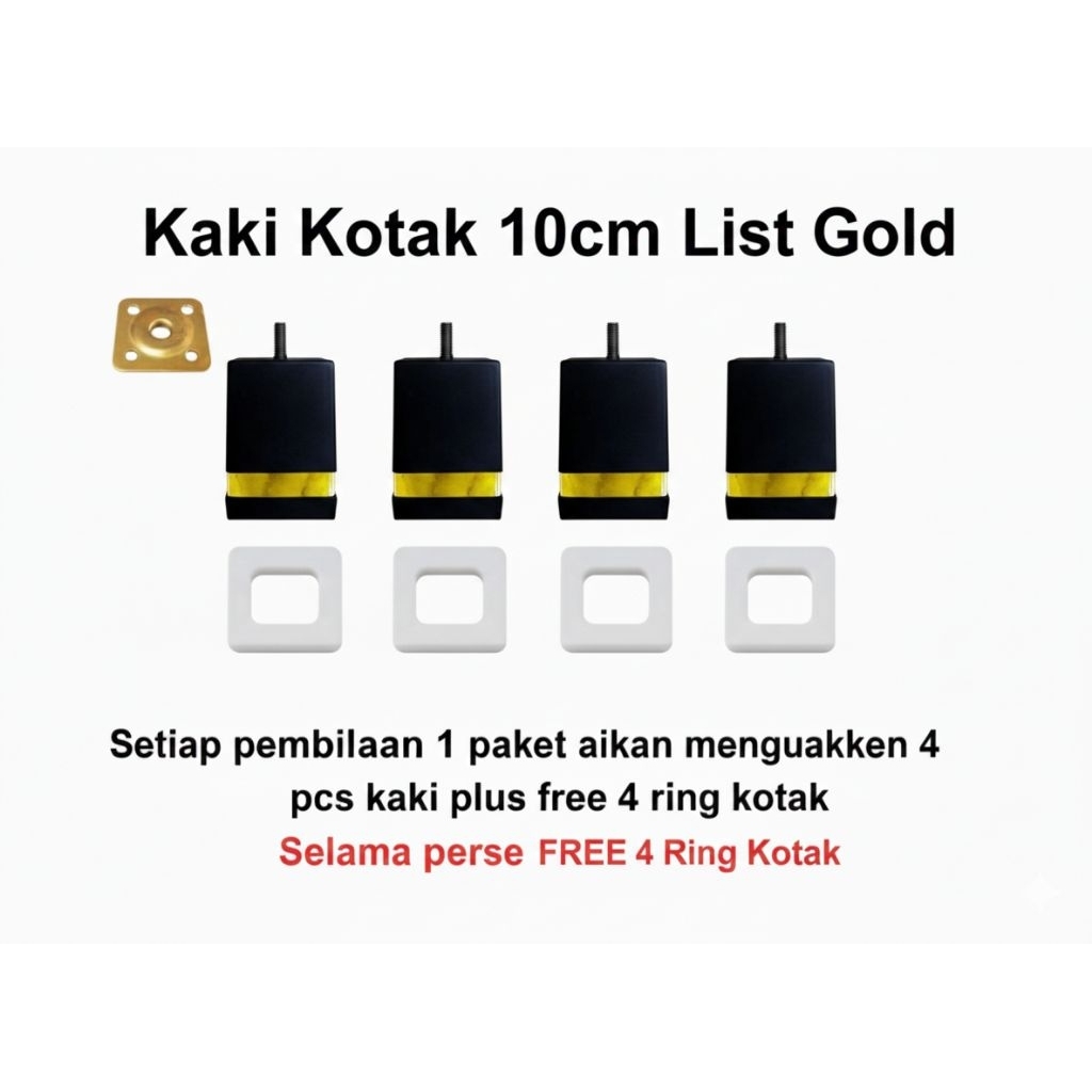 4Pcs Kaki Springbed List Mas 10 cm Hitam List Gold Untuk Spring Bed Sofa Kursi Meja Furniture