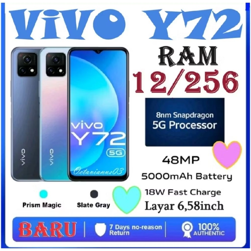 (COD) (ORi) BERGARANSI Hp VIVO Y72 (5G) RAM 12+256GB | Baterai 5000mAh | Kamera 50MP | Layar 6,58inc