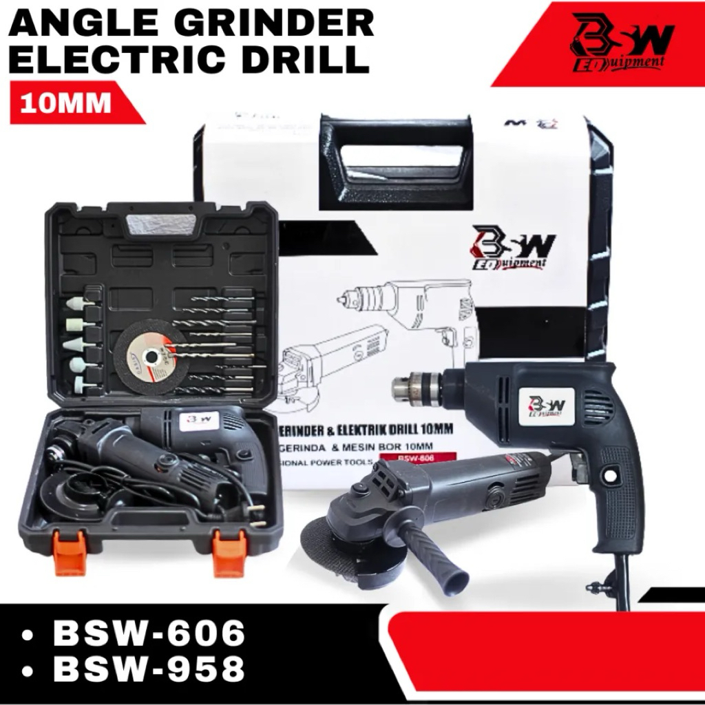 BSW PAKET SET ELECTRIK DRILL BOR 10mm dan Gerinda Tangan, PAKET LENGKAP BSW MERSIN BOR+GERINDA