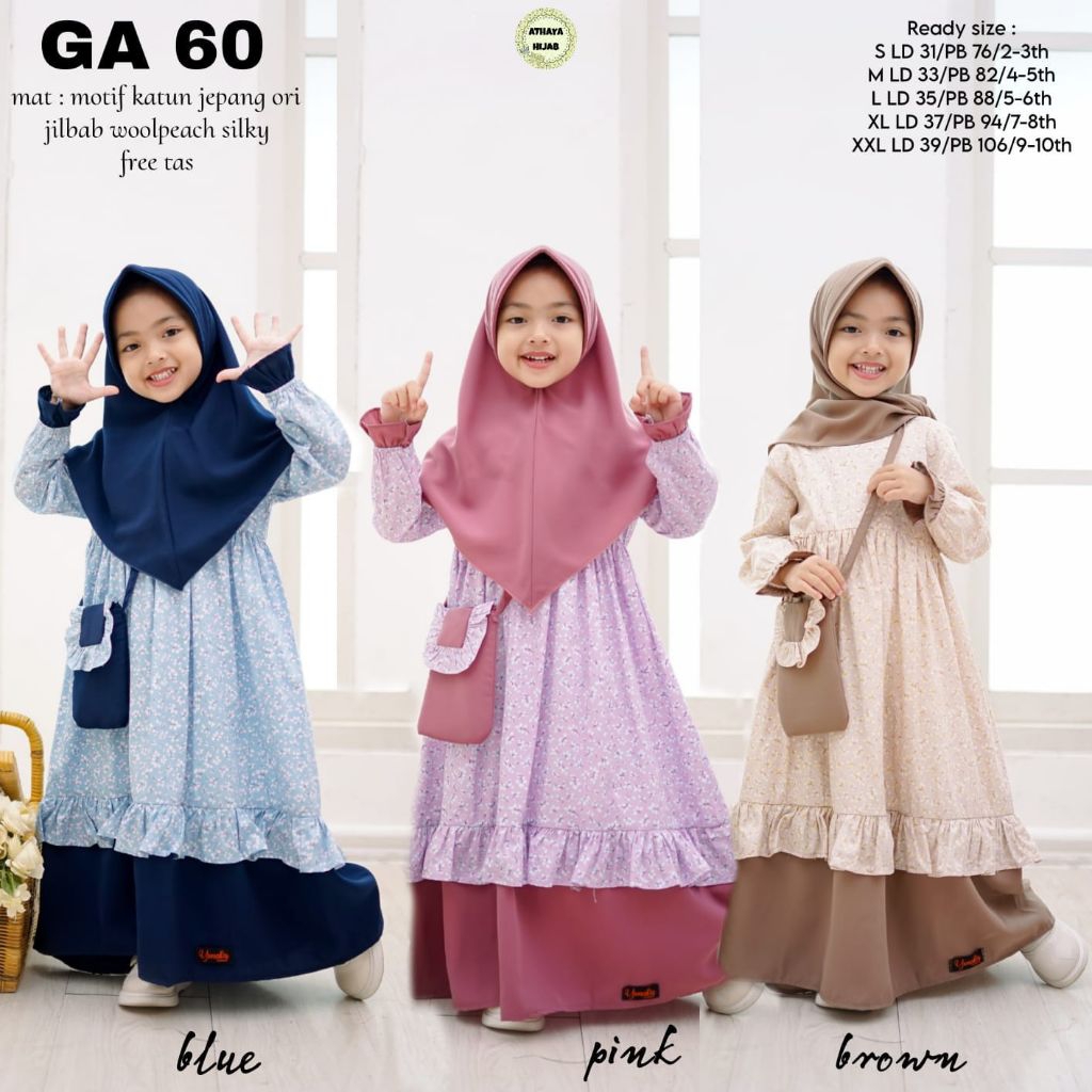 Gamis Anak Muslim GA 60 By Athaya Katun Jepang Original + Jilbab Silky Set Hijab Anak Syari Lucu Ade