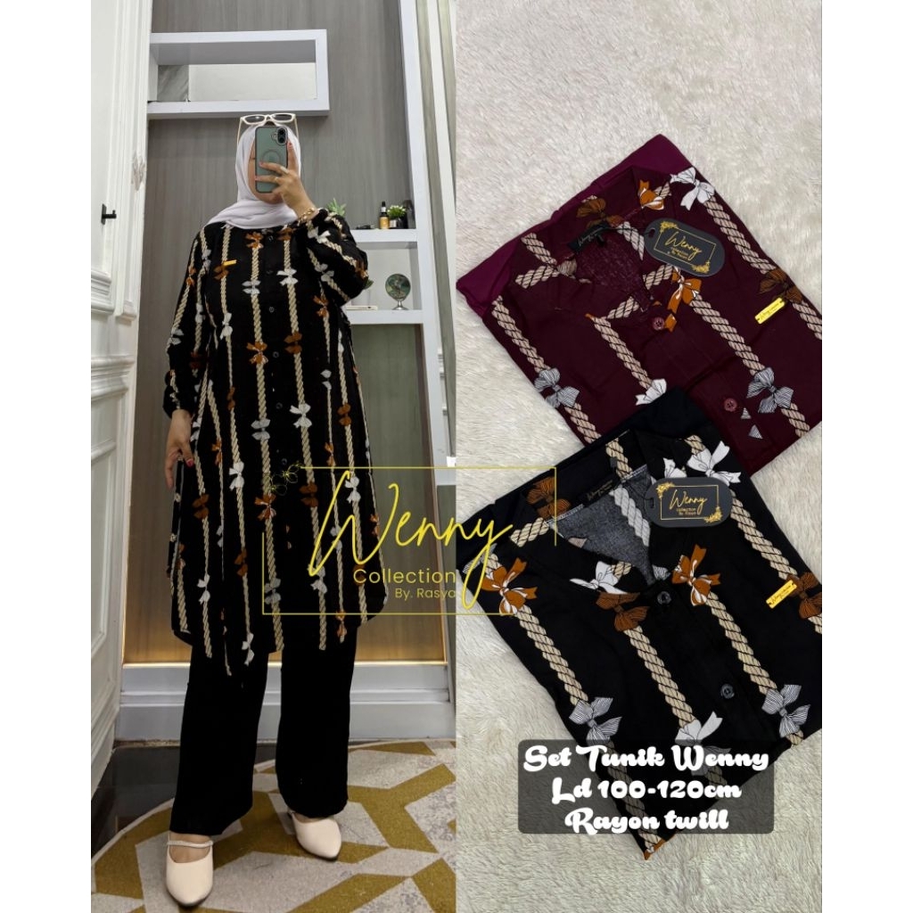 SETELAN LONG TUNIK RAYON TWILL MOTIF SALUR PITA