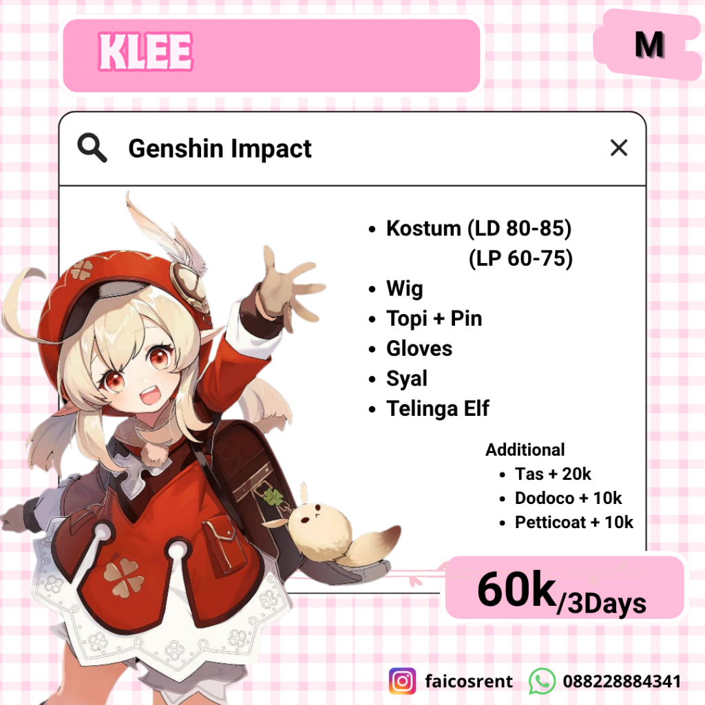 RENTAL COSTUME KLEE DEFAULT ( GENSHIN IMPACT ) KOSTUM COSPLAY DRESS RENT ! SEWA ! WAJIB CHAT TERLEBI