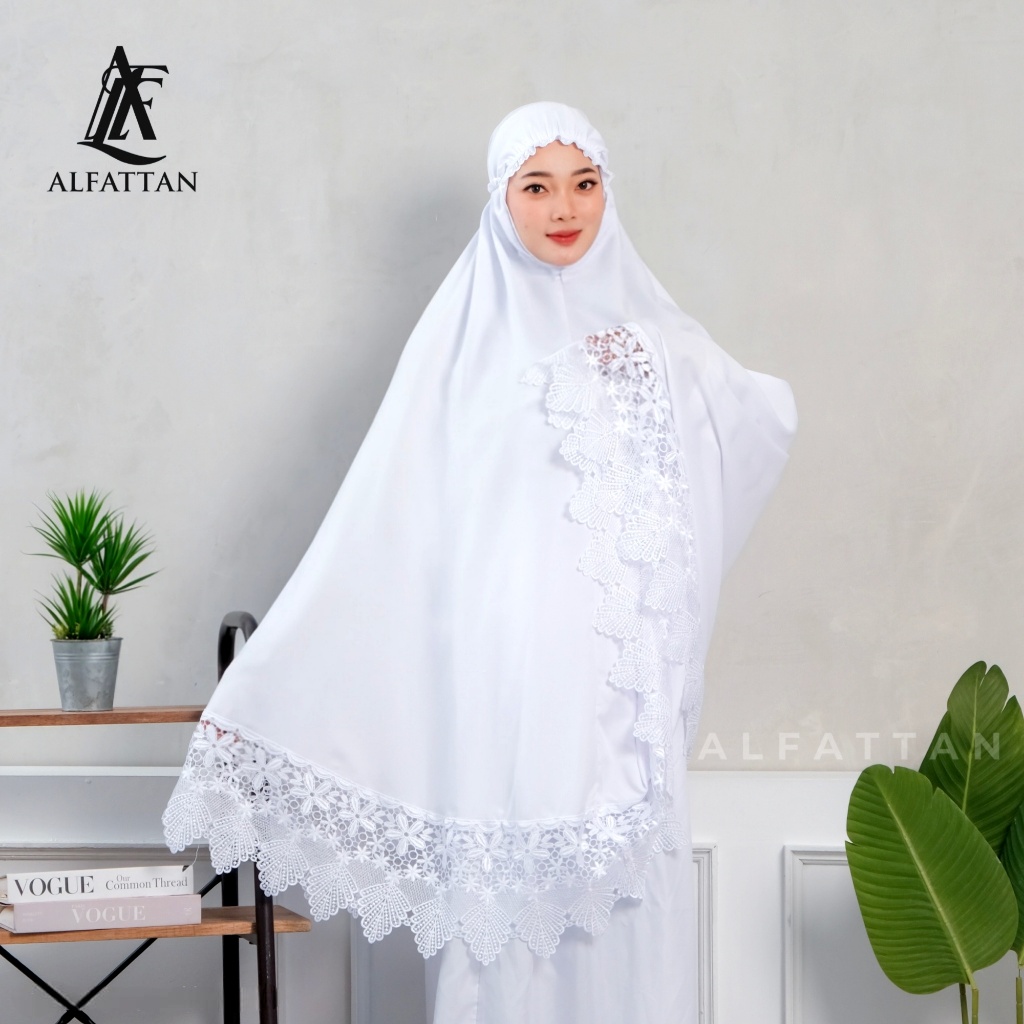 Mukena dewasa katun premium putih polos renda motif bunga