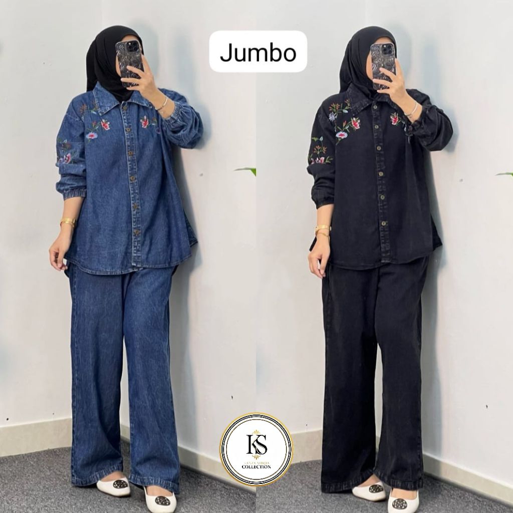 KS-Milla Setcel Wanita Jumbo/Oversize (Setelan Jeans mix bordir hijab friendly busui friendly)