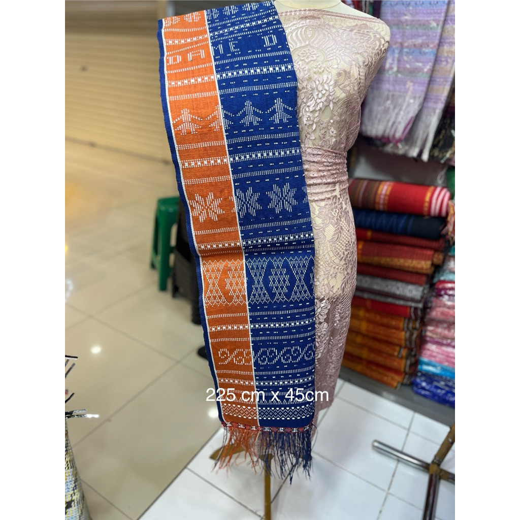 Selendang sadum tenun tangan Hande biru orange full motif full payet