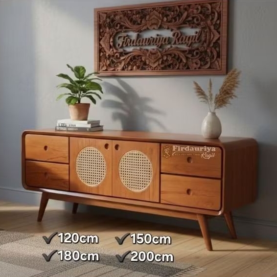 Buffet meja tv 120 150 180 200 cm laci 4 pintu 2 kupu tarung kombinasi rotan alami rattan kayu jati 