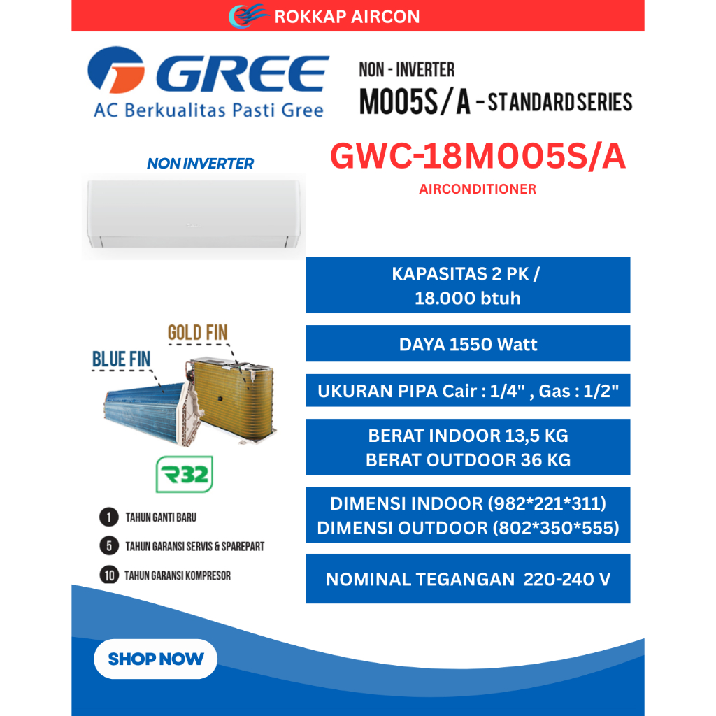 AC GREE NON INVERTER STANDARD R32 2PK GWC-18M005S/A 18,000 BTU/h