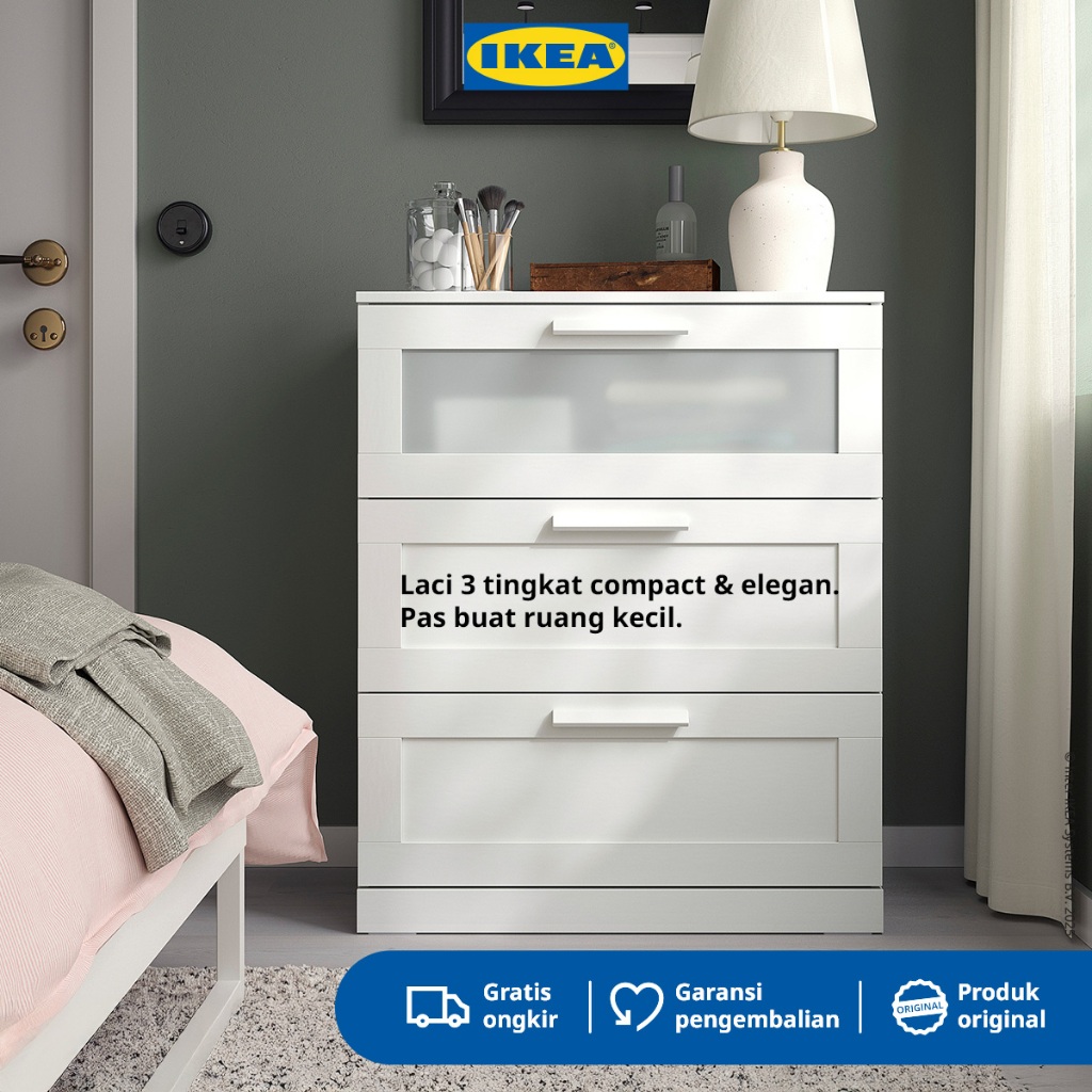 IKEA BRIMNES Lemari 3 Laci Bahan Putih /Kaca Frosted 78x95cm